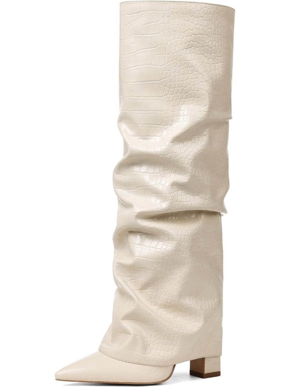 Women's Apricot Comfortable Pointed Toe Fold Over Chunky Slouchy Knee High Boots